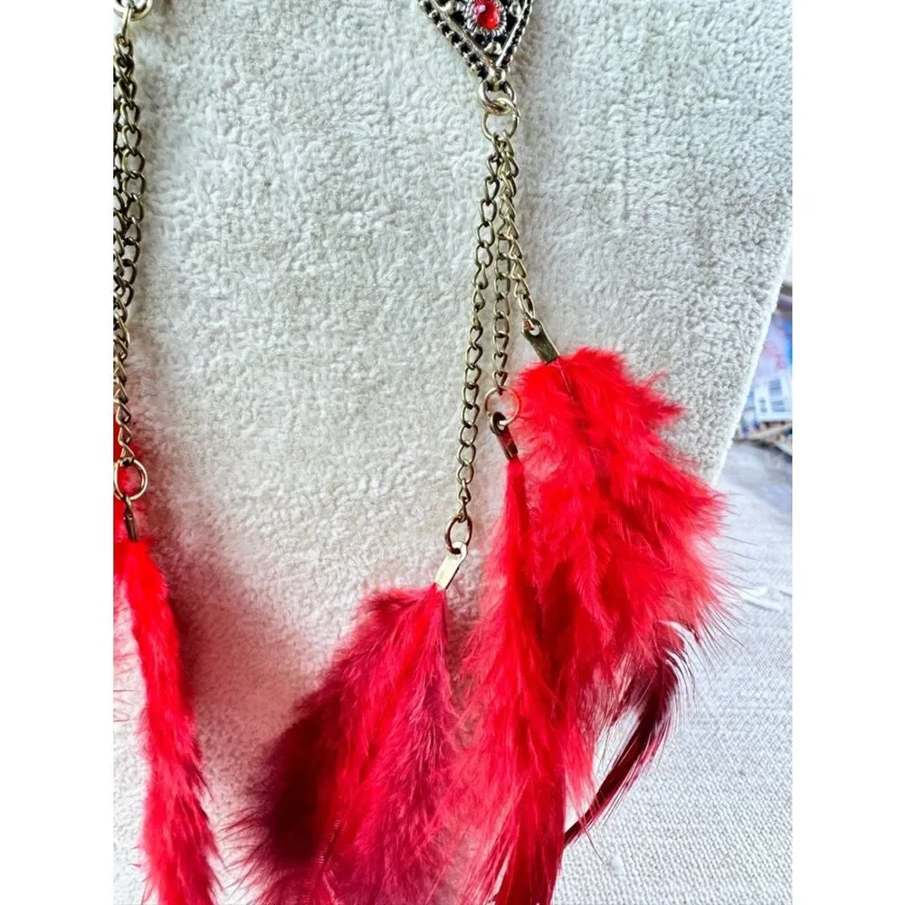 Red Feather Drop Earrings - Statement Feather Jewelry